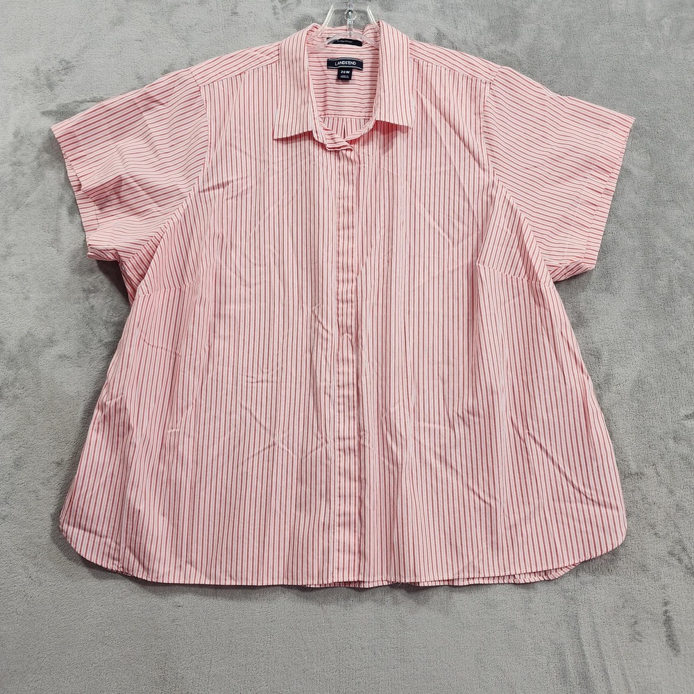 Lands' End Shirt Womens 26W Pink White Stripe No Iron Supima Cotton Short Sleeve